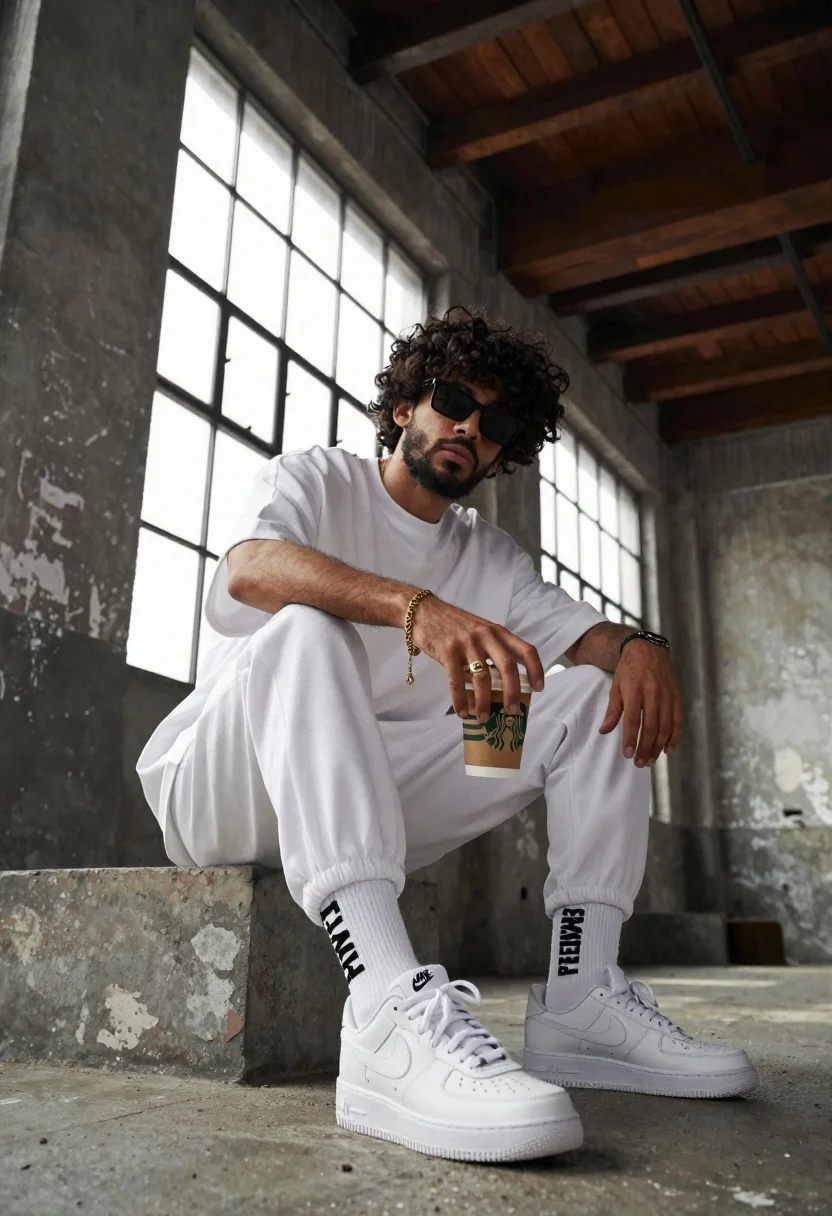 A stylish young man with curly dark hair and a beard sitting on a concrete ledge in an industrial loft, holding a Starbucks cup.