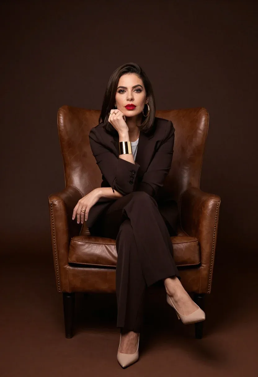 Professional Studio Portrait Poised Woman Seated Elegant Brown Leather Armchair