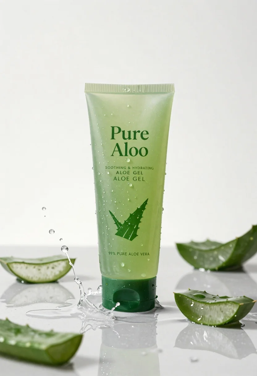 A translucent green tube of Pure Aloe gel standing upright on a reflective surface, surrounded by splashing water.