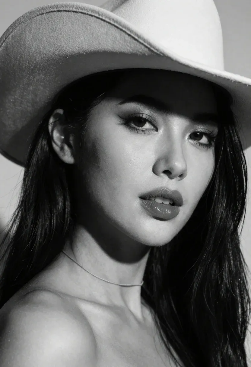 High-key Black And White Fashion Portrait Woman Oversized Cowboy Hat
