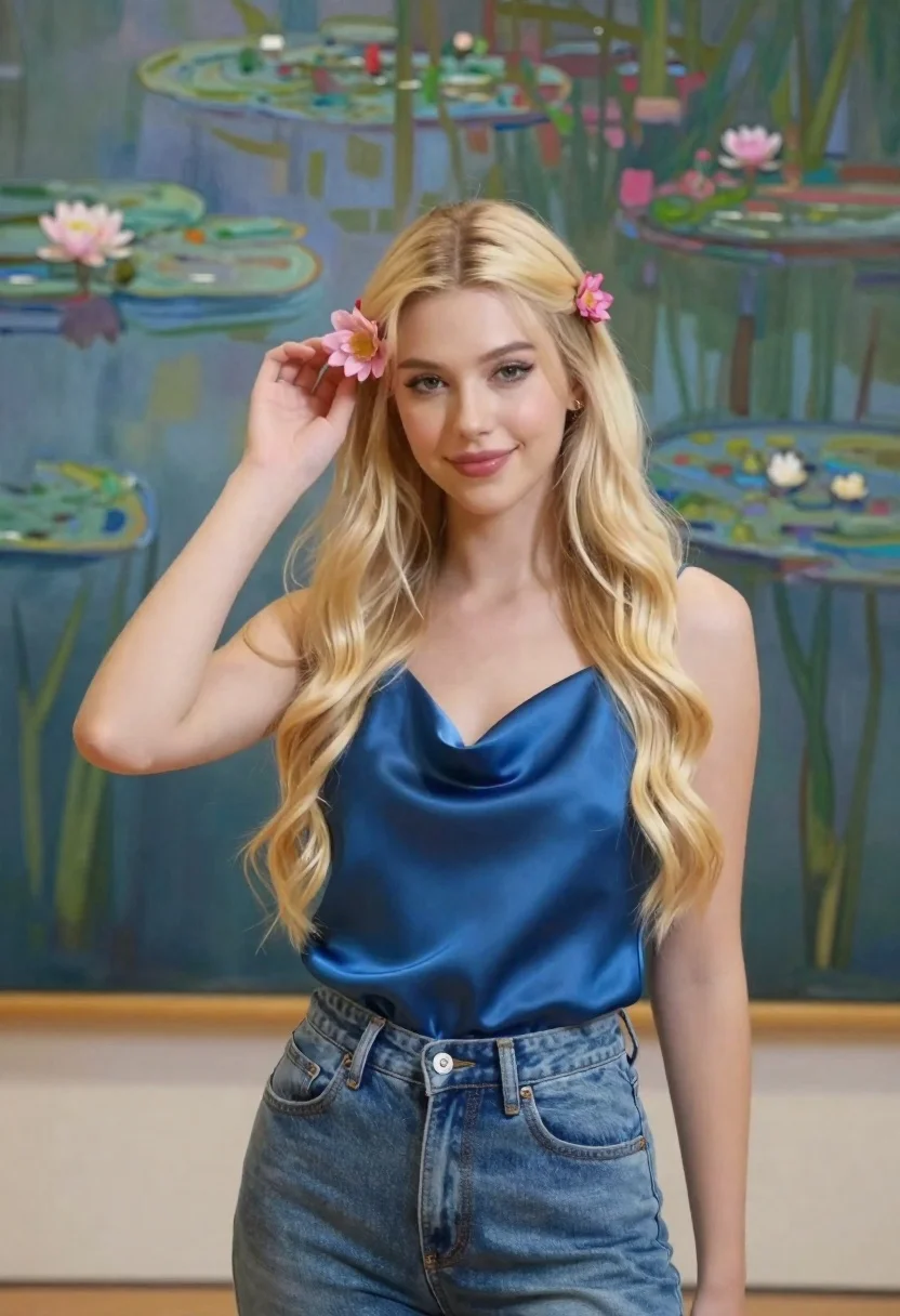 Young Woman With Long Wavy Blonde Hair Stands Front Large