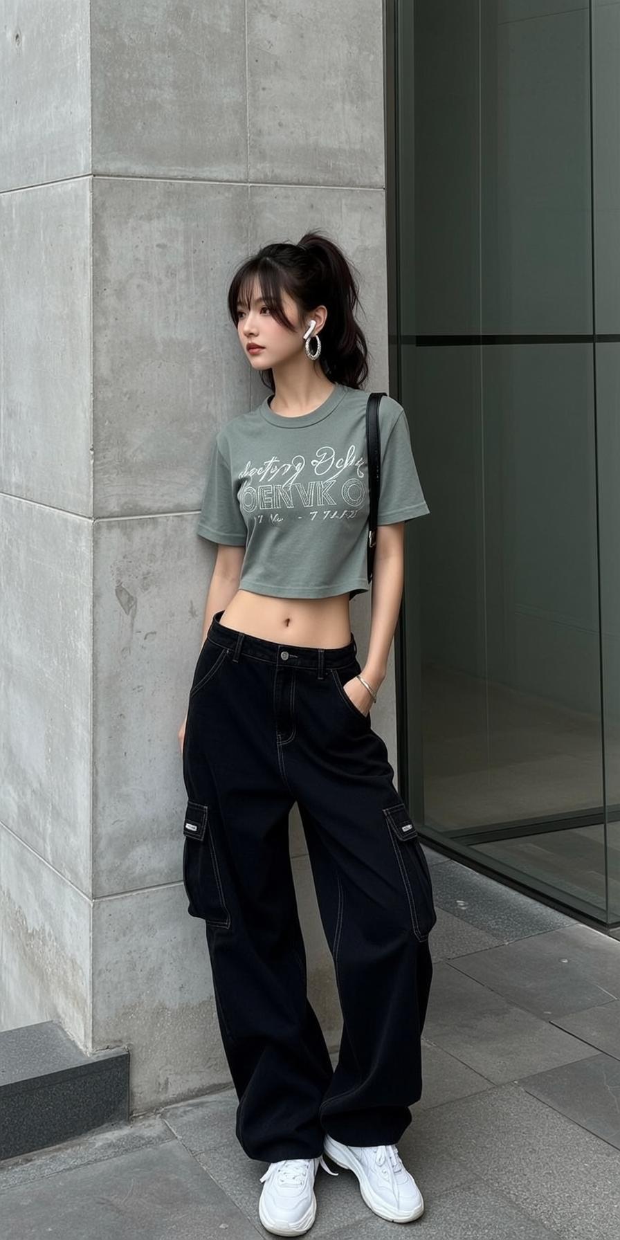 East Asian Woman Green Shirt Concrete Wall