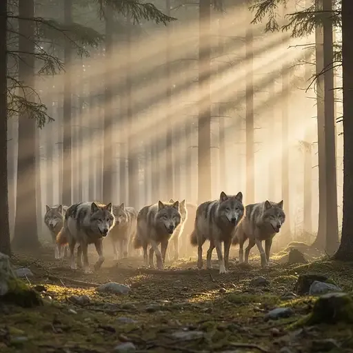 Pack Majestic Wolves Roaming Through Misty Pine Forest Dawn Cinematic