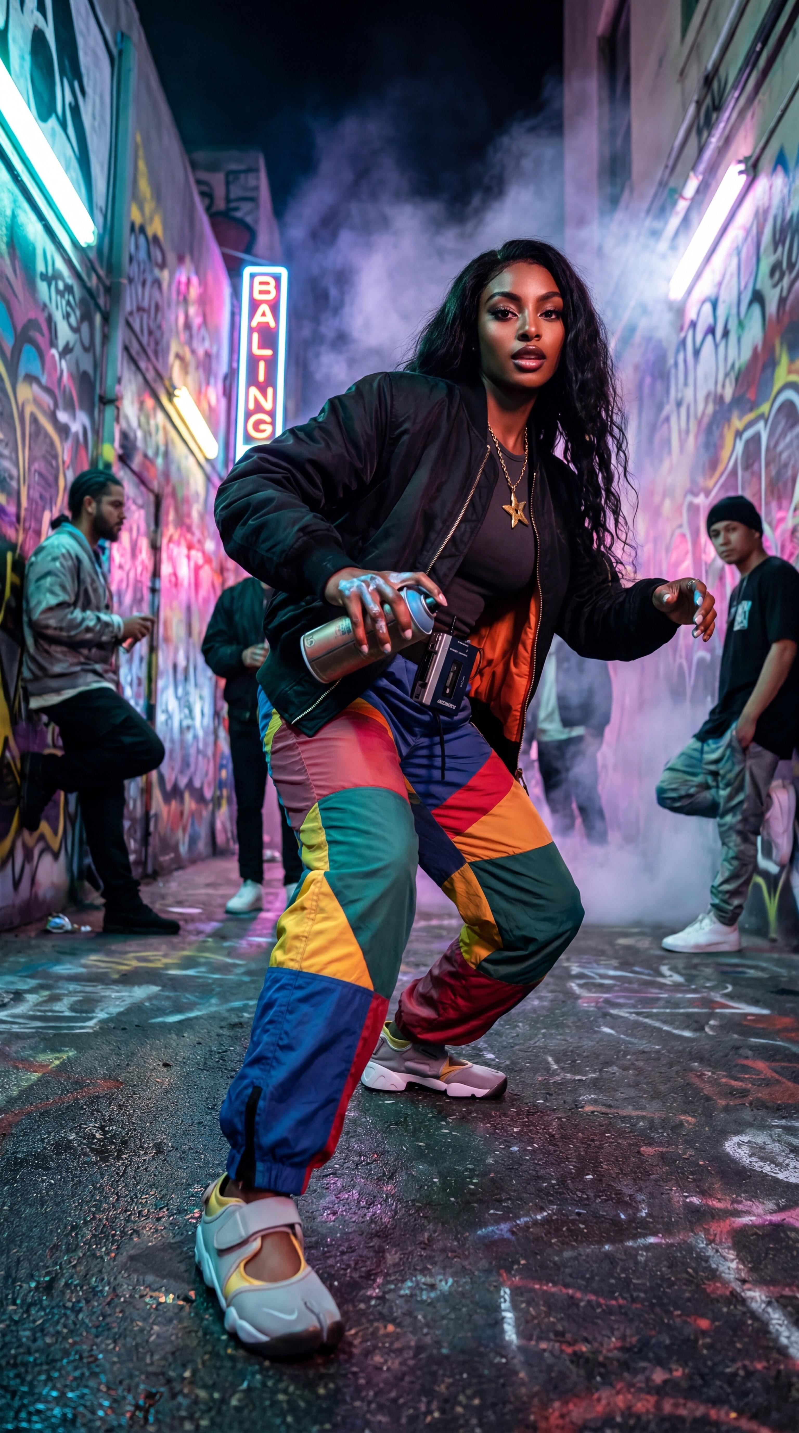 Urban Alley Graffiti Night Bomber Jacket Sneakers
