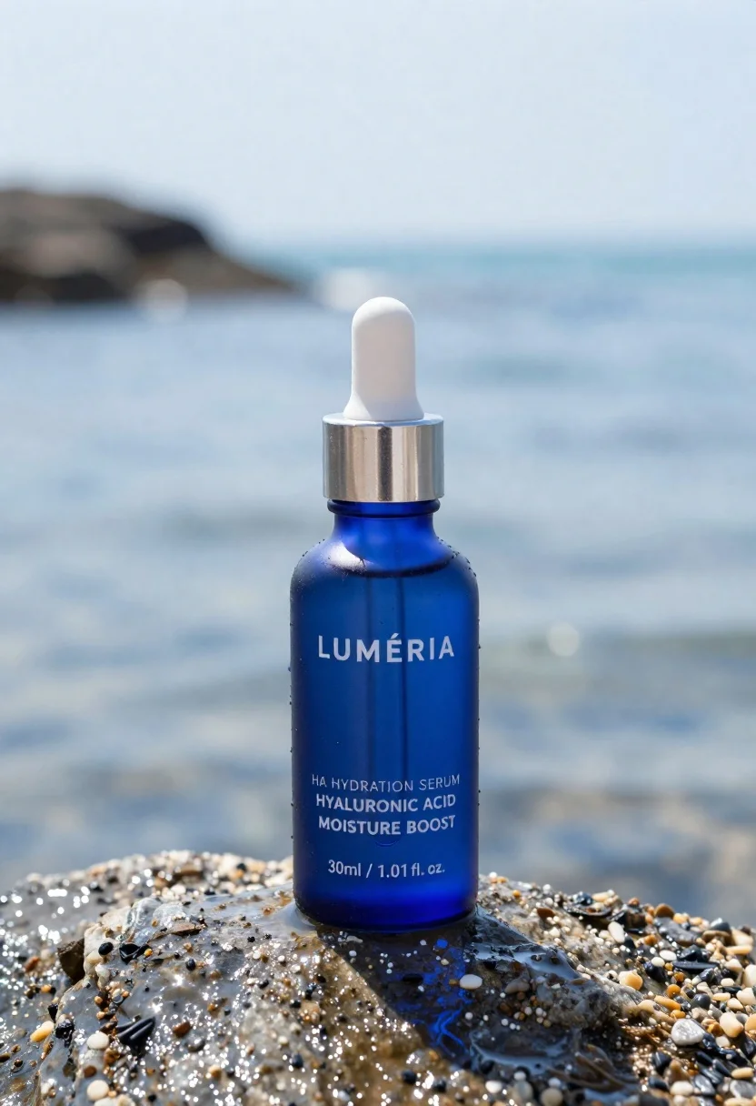 A sleek blue glass dropper bottle on a wet rock by the ocean, highlighted by bright daylight.