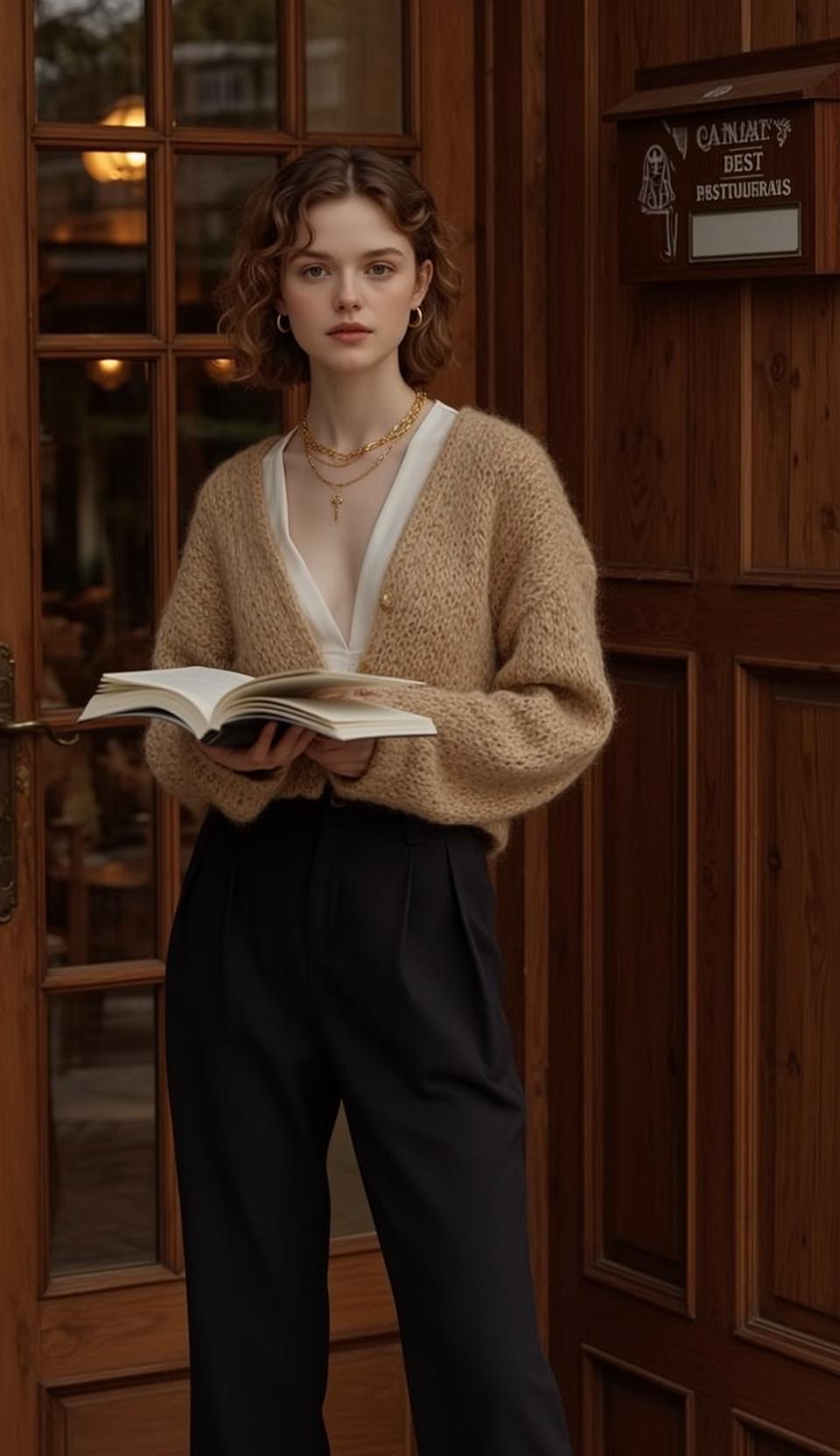 Brown Curly Hair White V Neck Black Trousers