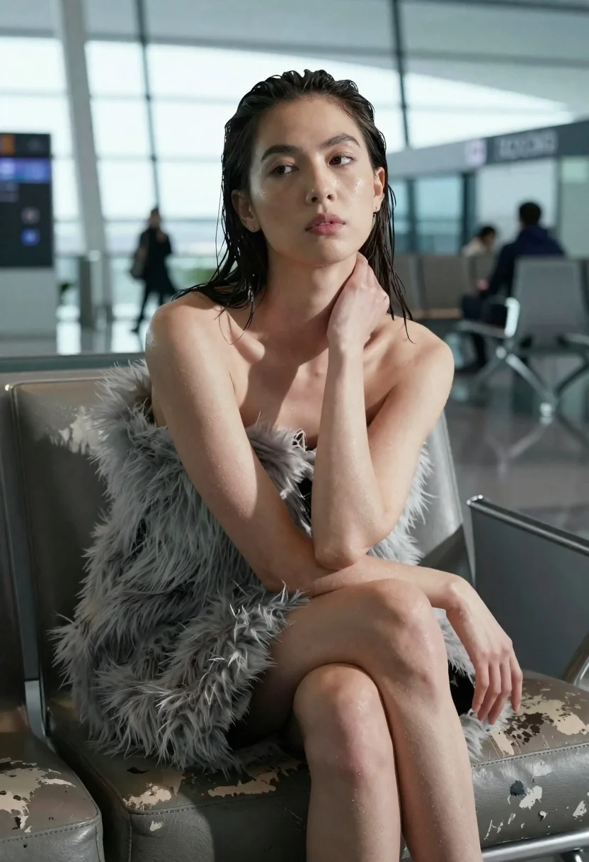 Woman With Wet Dark Hair Sits Contemplative Pose Distressed Leather reference photo