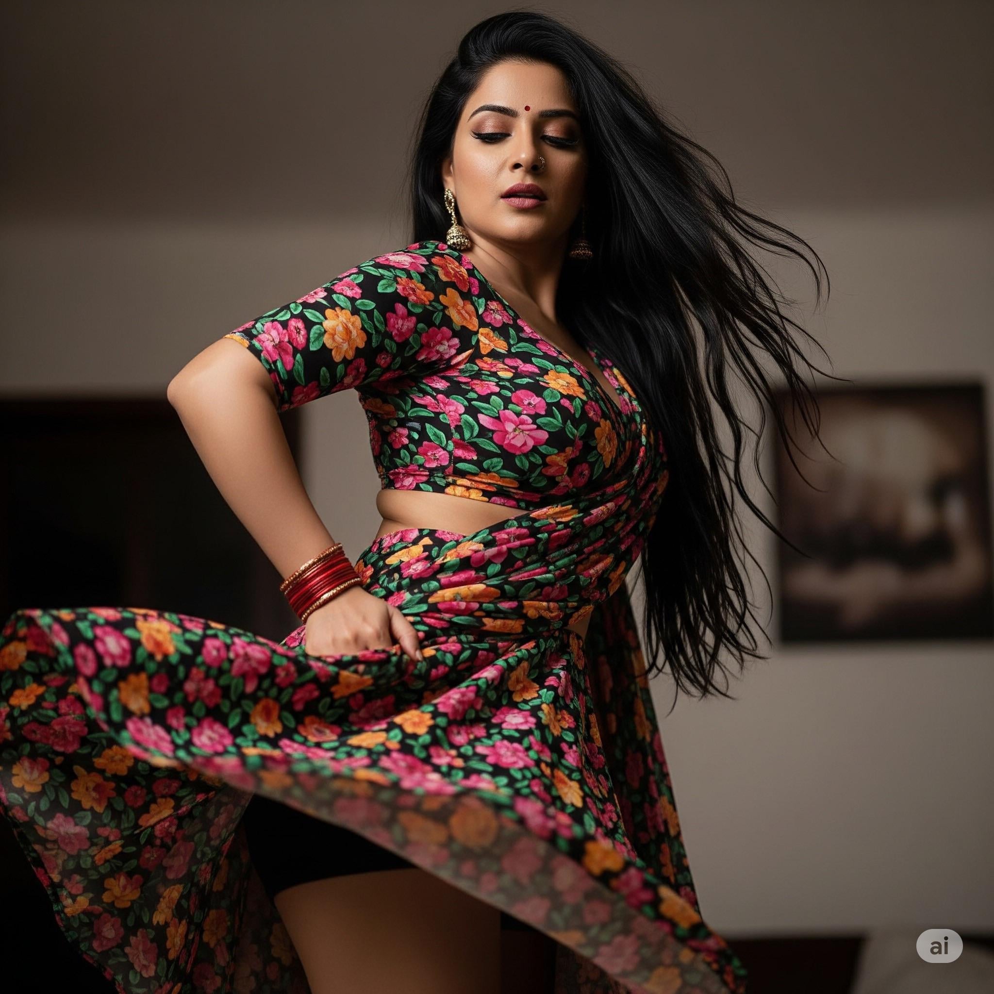 Floral Saree Twirl Serene Pose Motion Blur