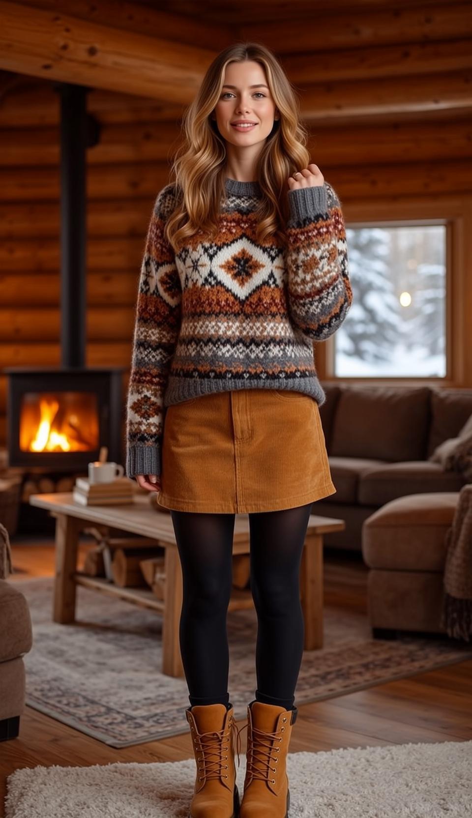 Cabin Sweater Fireplace Scene