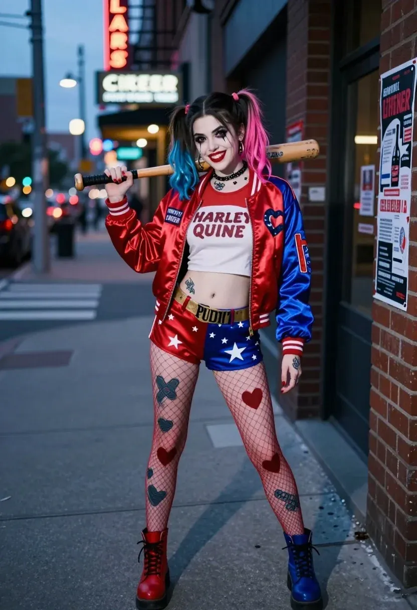 Confident Young Woman Stands City Sidewalk Holding Wooden Baseball Bat