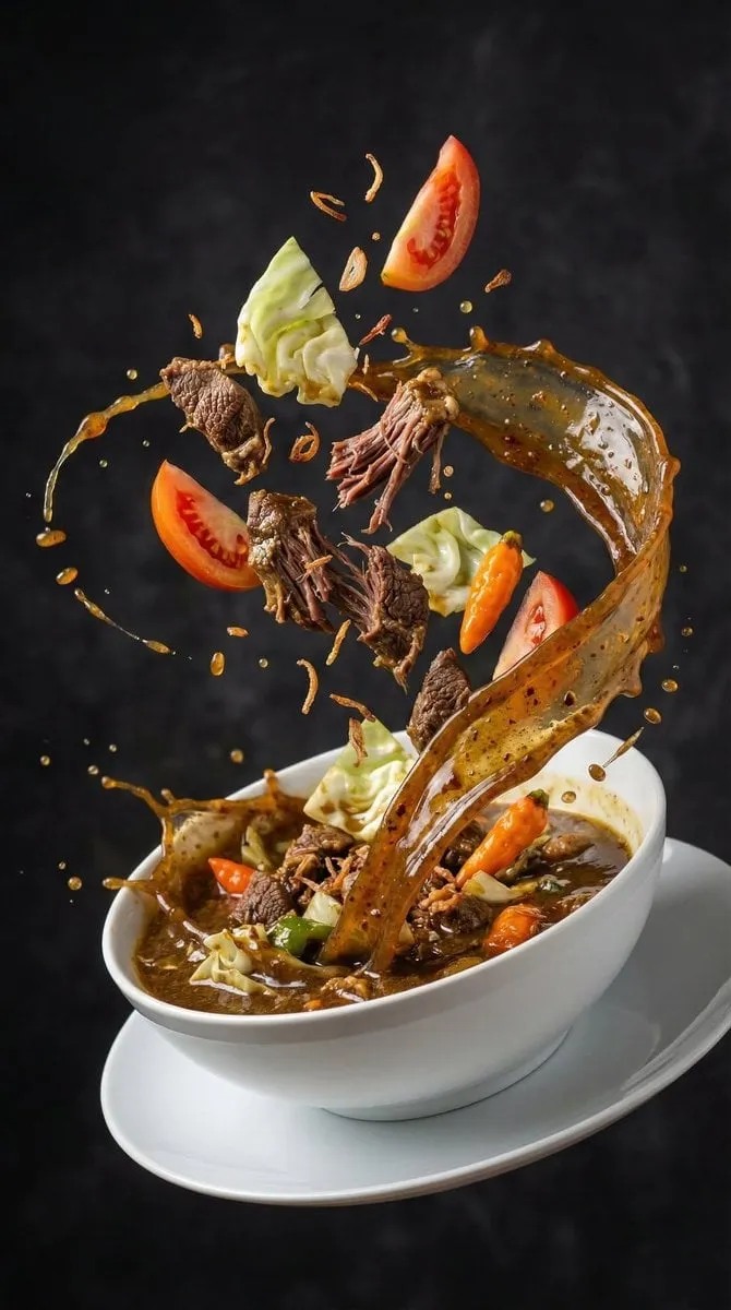 Rich Soup Action Ingredients Exploding Upward In Mid
