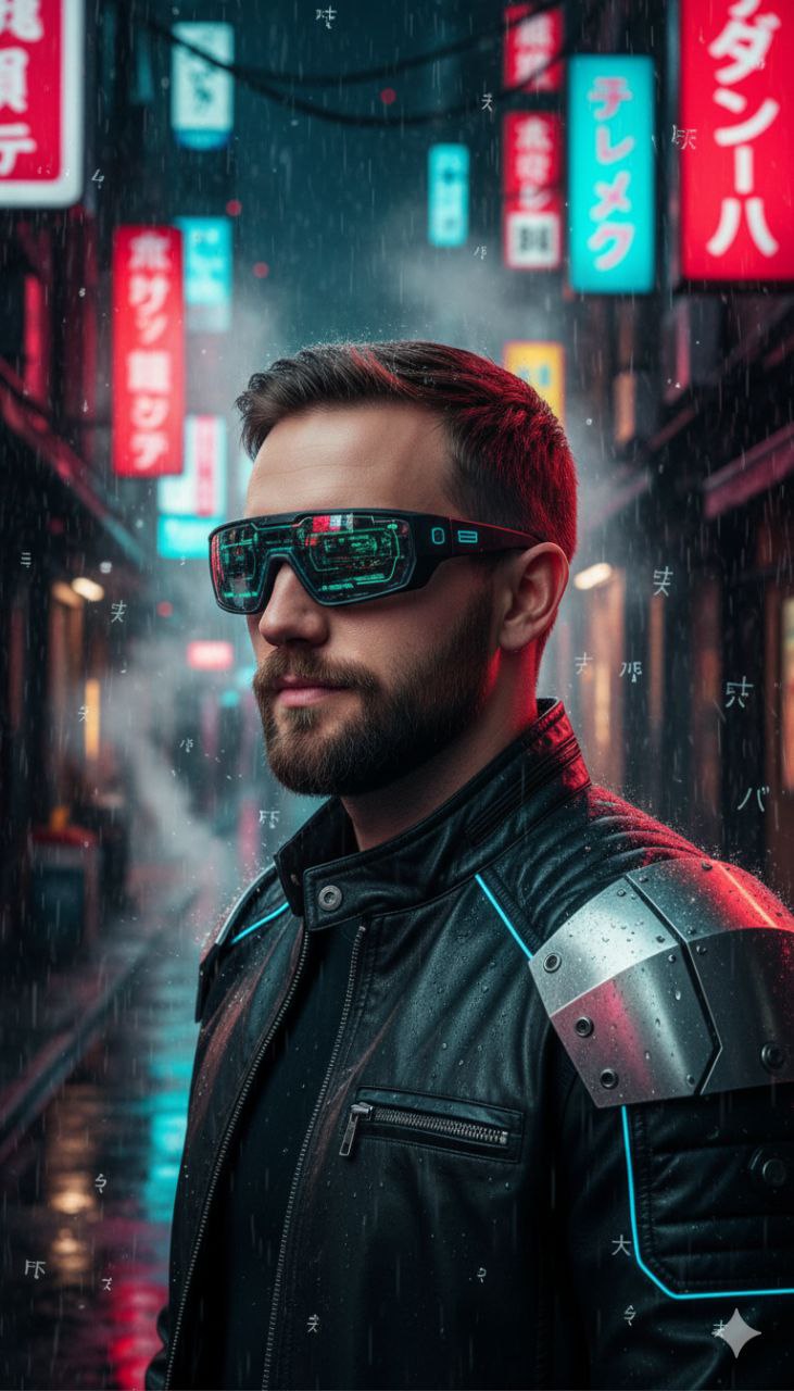 Ultra photo-realistic half-body portrait of a young man in a futuristic black leather jacket, neon blue trim, set in a rainy Tokyo alley illuminated by red and cyan lights.