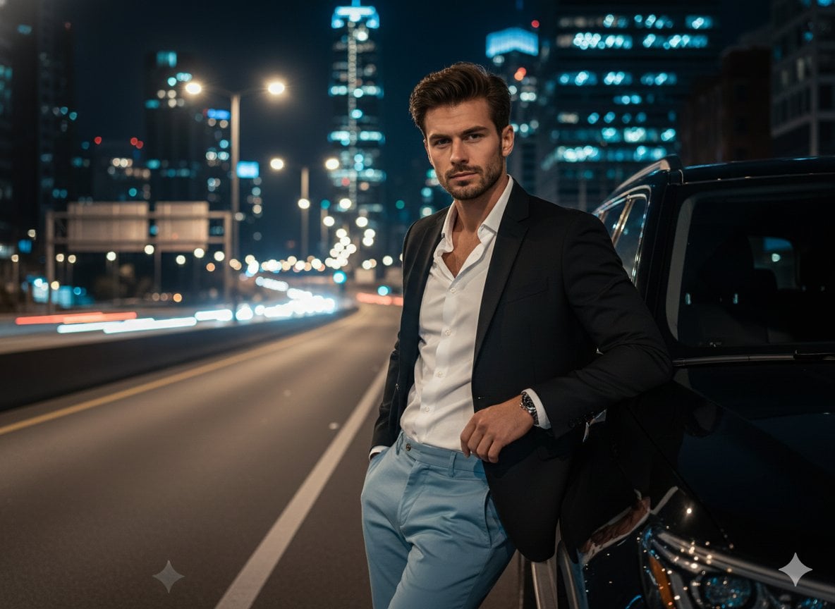 Night Urban Portrait Handsome Man Luxury Suv