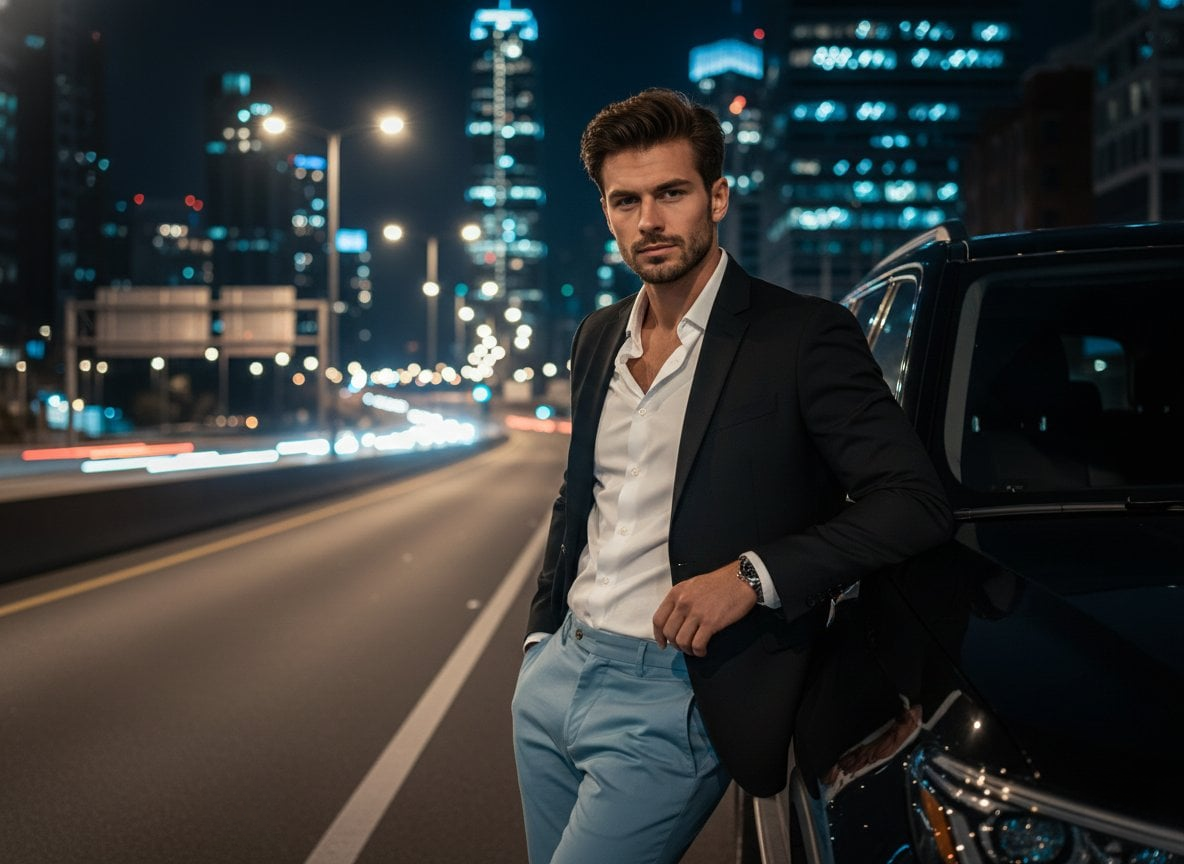 Cinematic night-time urban portrait of a handsome man by a luxury SUV, showcasing a modern city highway backdrop.
