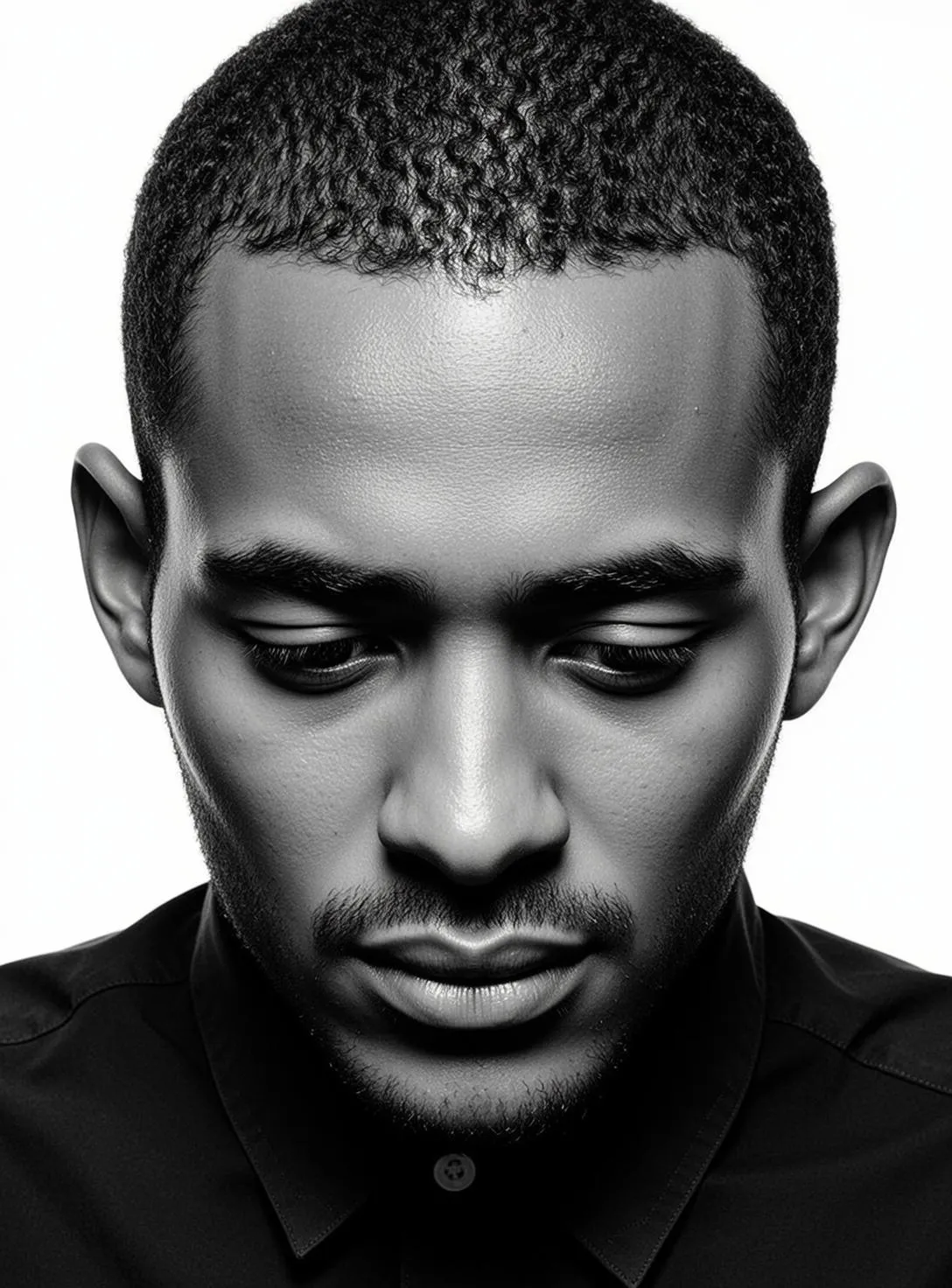 Close-up Head-and-shoulders Black And White Photorealistic Portrait Young Black Man
