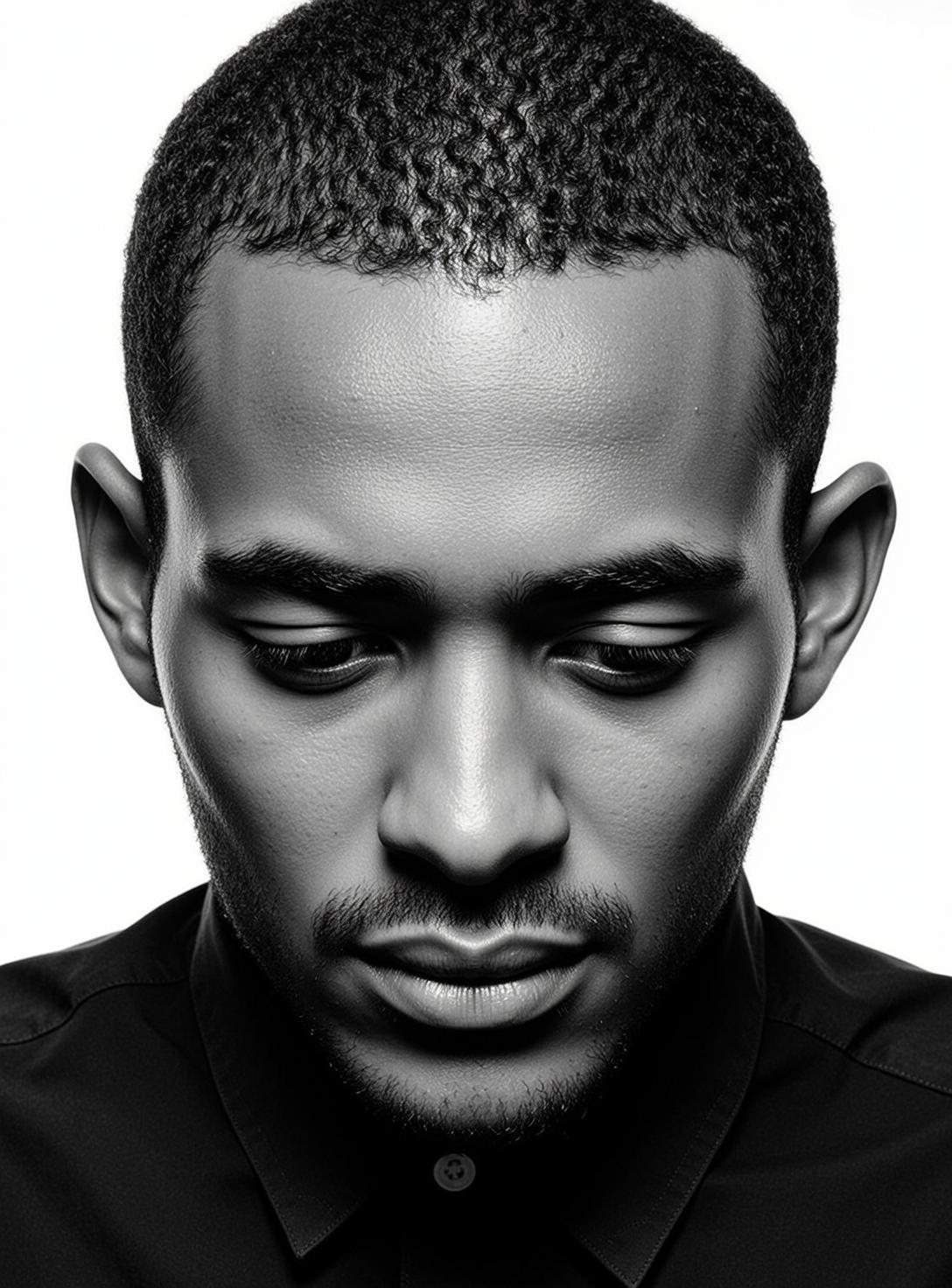 Close-up Head-and-shoulders Black And White Photorealistic Portrait Young Black Man