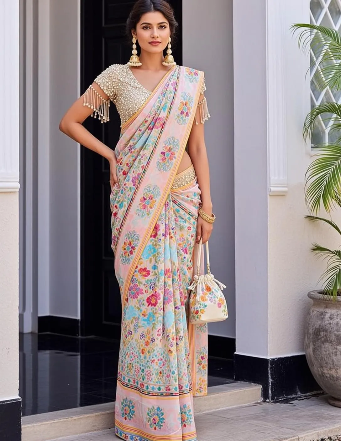 Earrings And Bracelets With Pink Saree