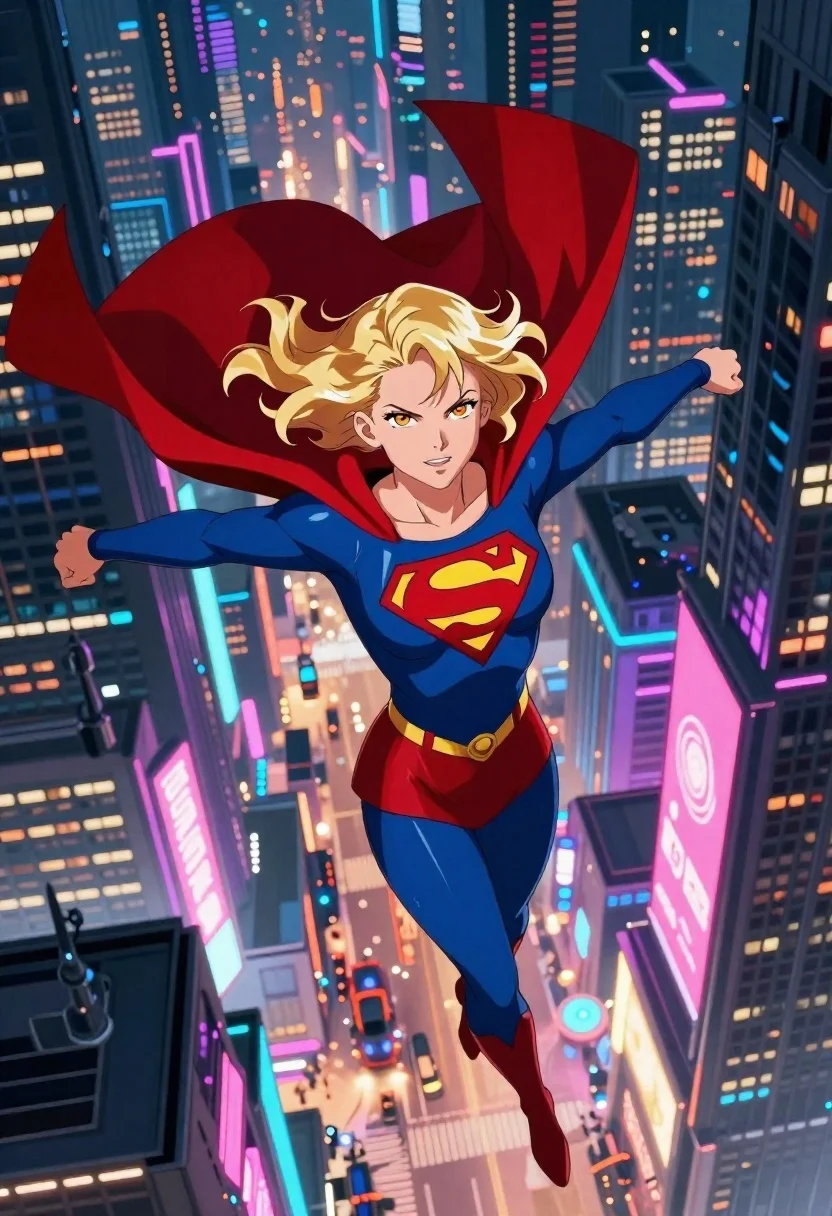 Dynamic Anime-style Illustration Supergirl Soaring Through Futuristic City Night Subject reference photo