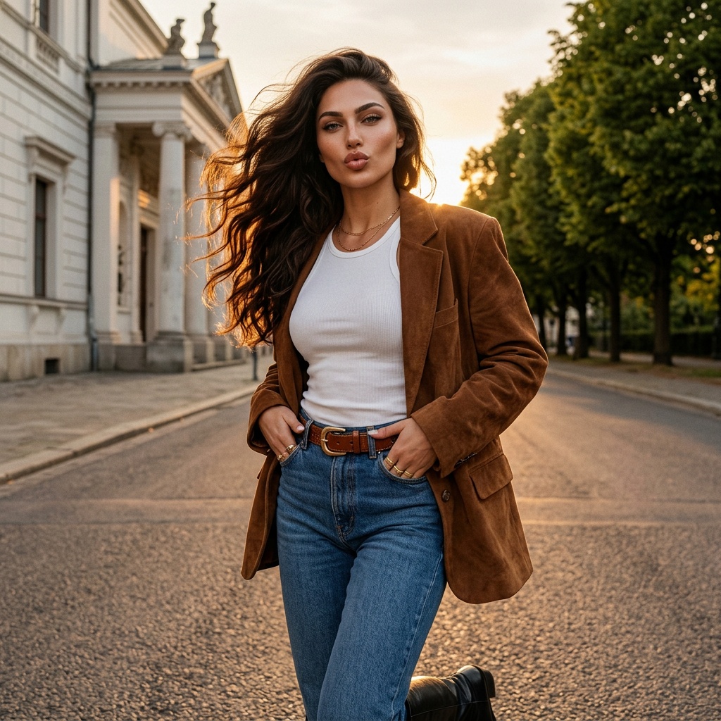 Golden Hour Street Portrait Suede Blazer Jeans
