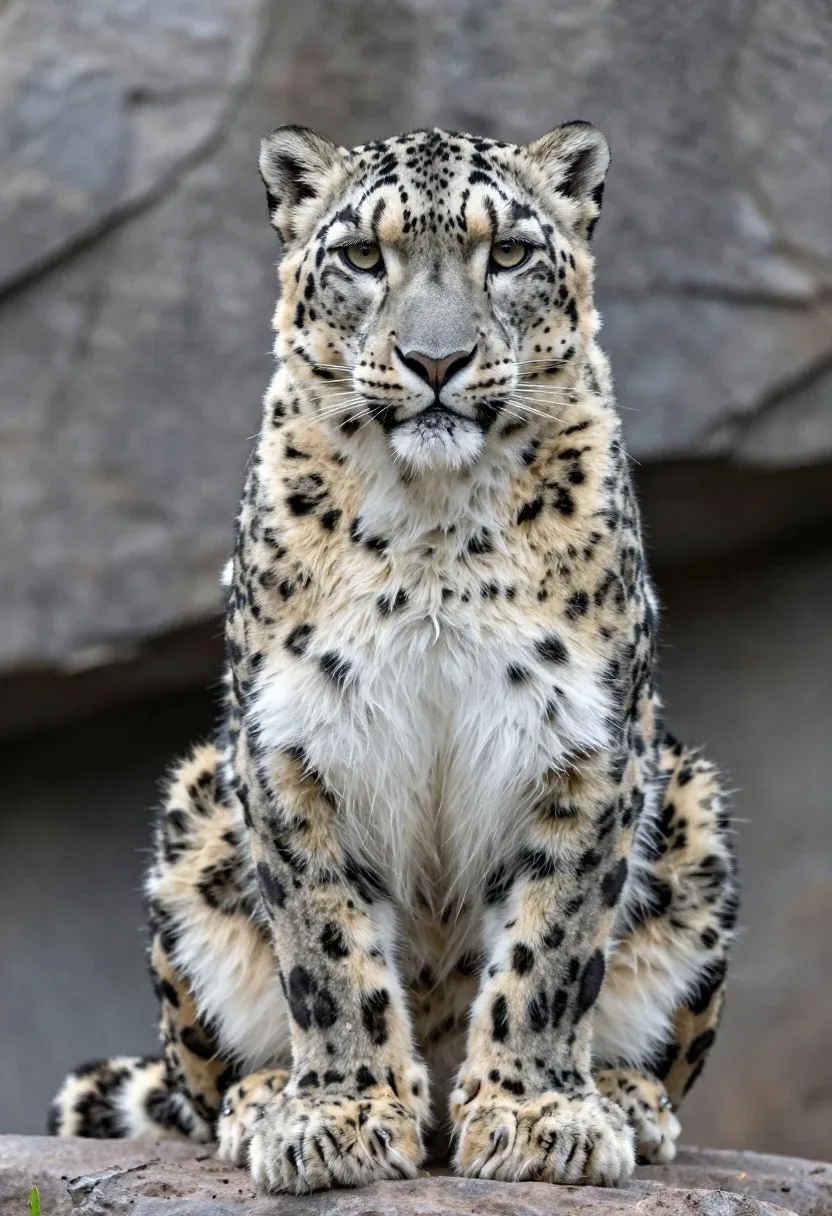 Majestic Snow Leopard Sits Upright Rocky Surface Gazing Directly Forward