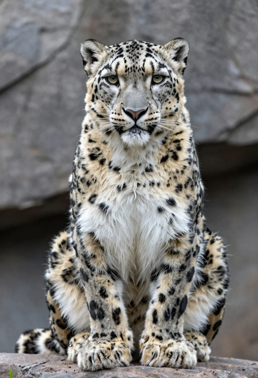 Majestic Snow Leopard Sits Upright Rocky Surface Gazing Directly Forward