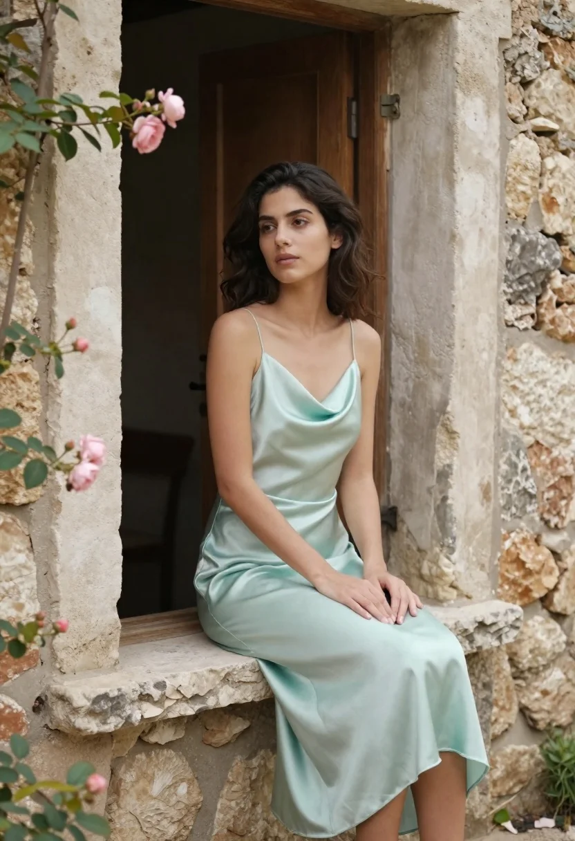 Young Woman With Dark Wavy Hair Sits Gracefully Stone Window