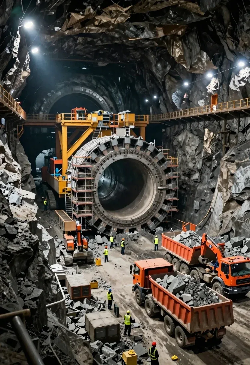 Massive Underground Tunnel Boring Machine Dominates The Center Vast Cavernous