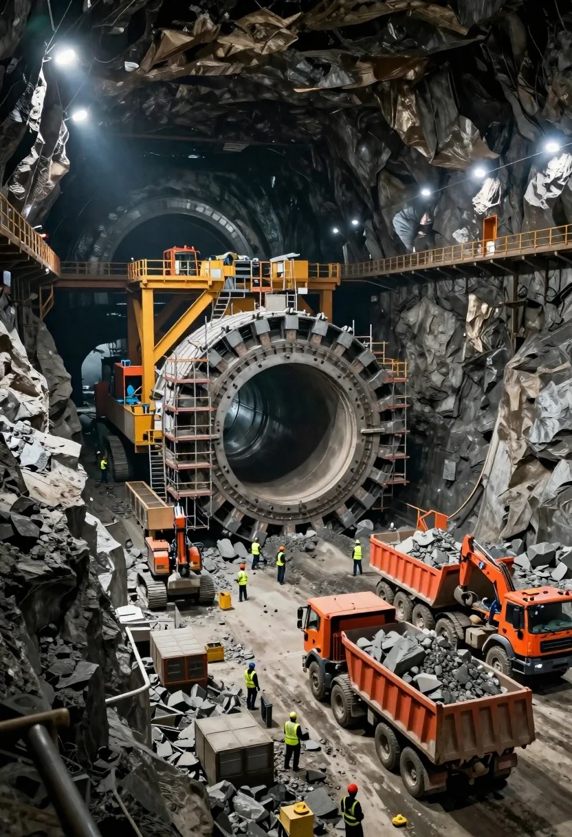 A massive tunnel boring machine stands at the center of a cavernous mining site, surrounded by workers and machinery.