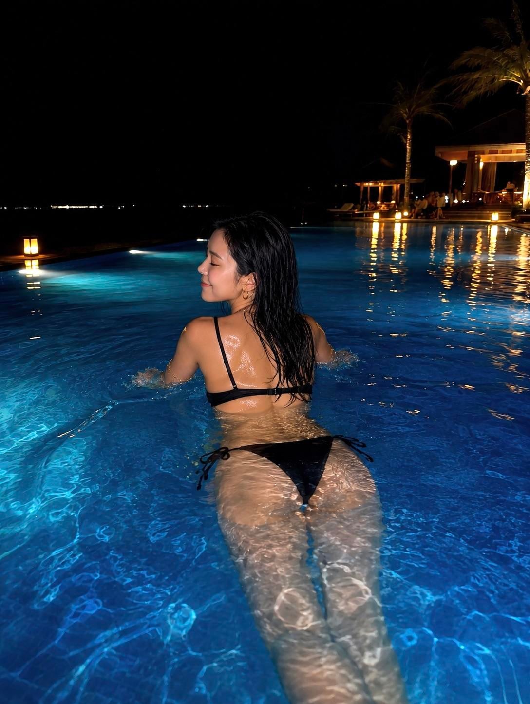 Infinity Pool Night Swim Black Bikini Resort Terrace