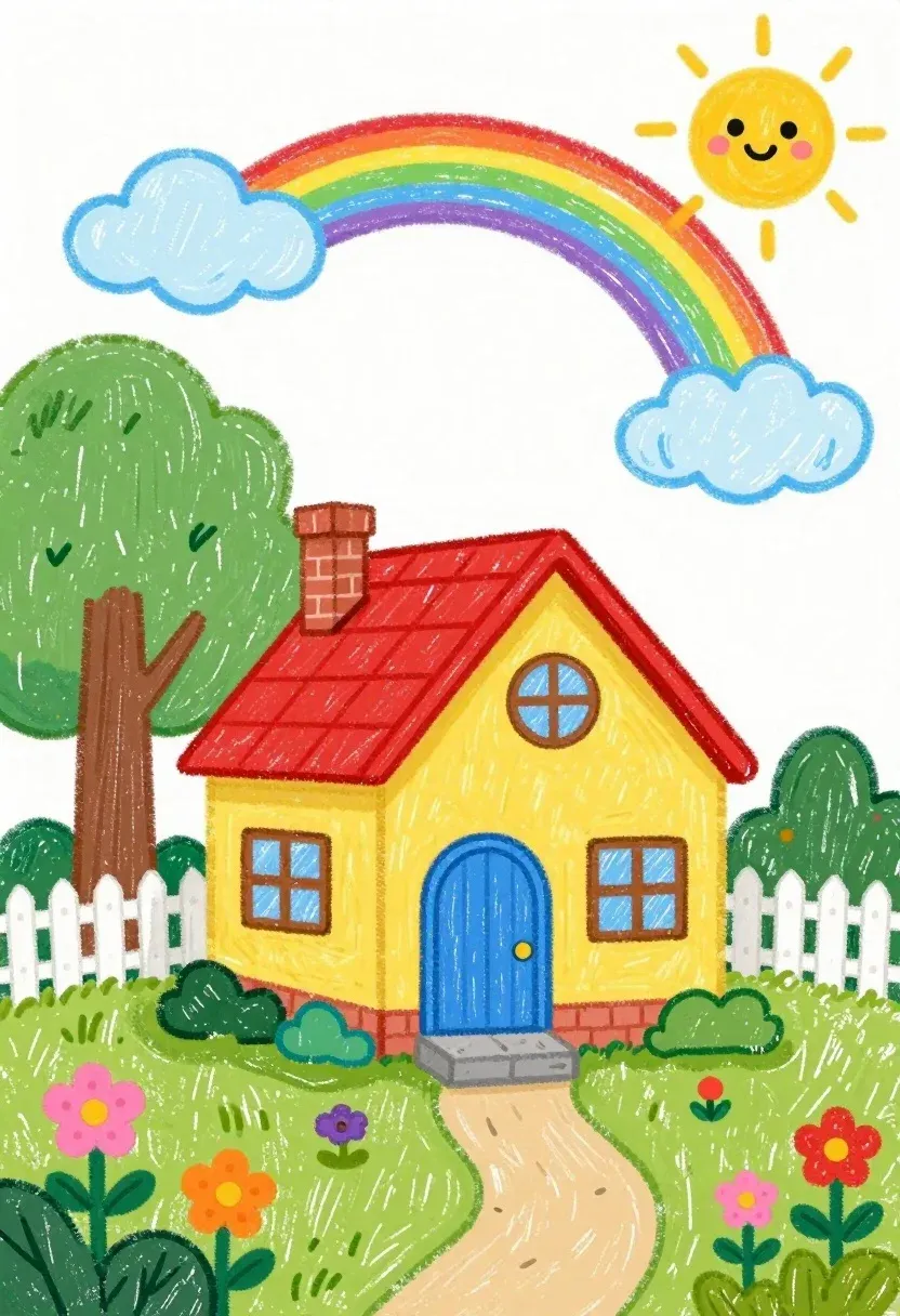 Cheerful Crayon Drawing Yellow House With Red Roof And Blue