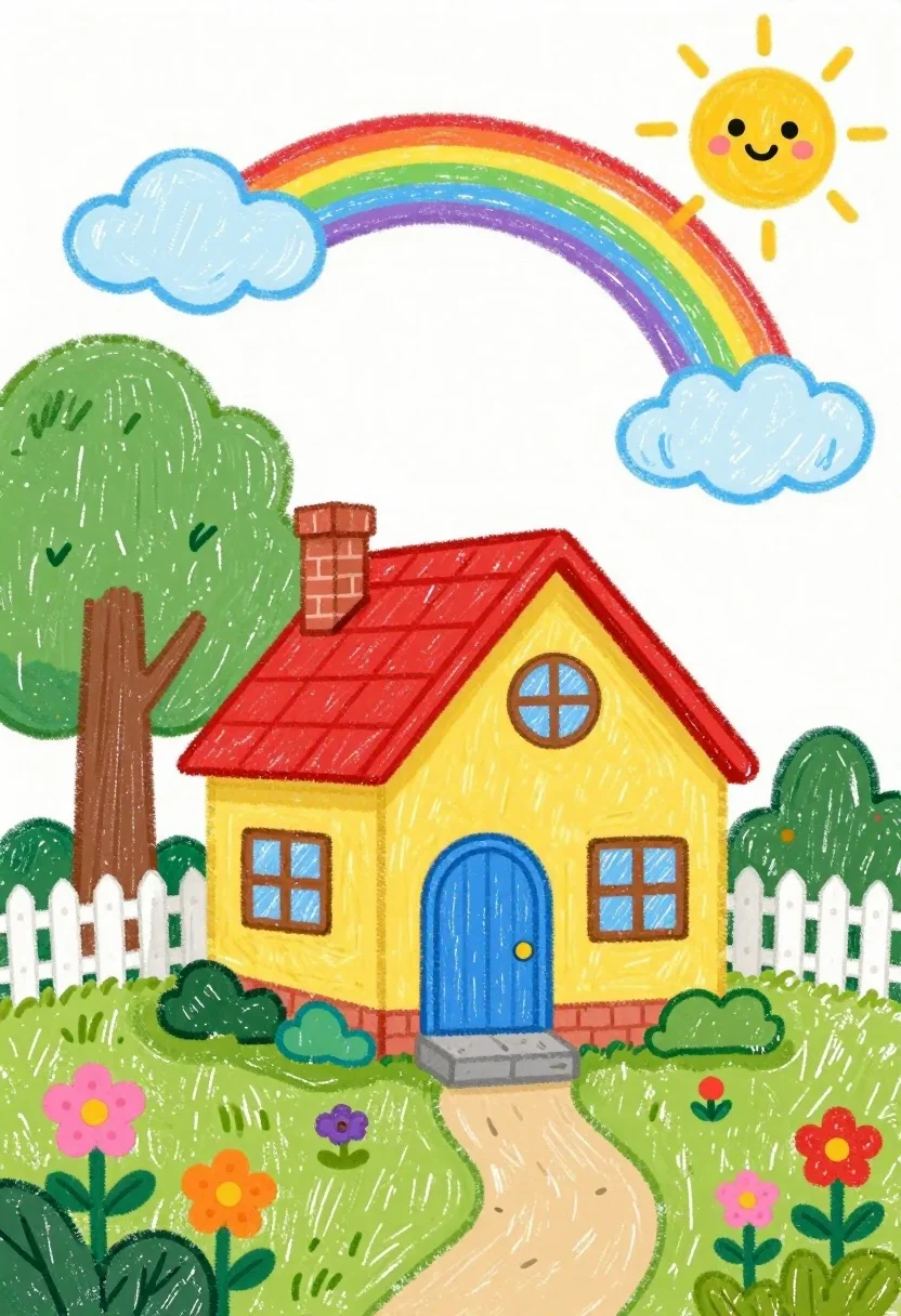 Cheerful Crayon Drawing Yellow House With Red Roof And Blue
