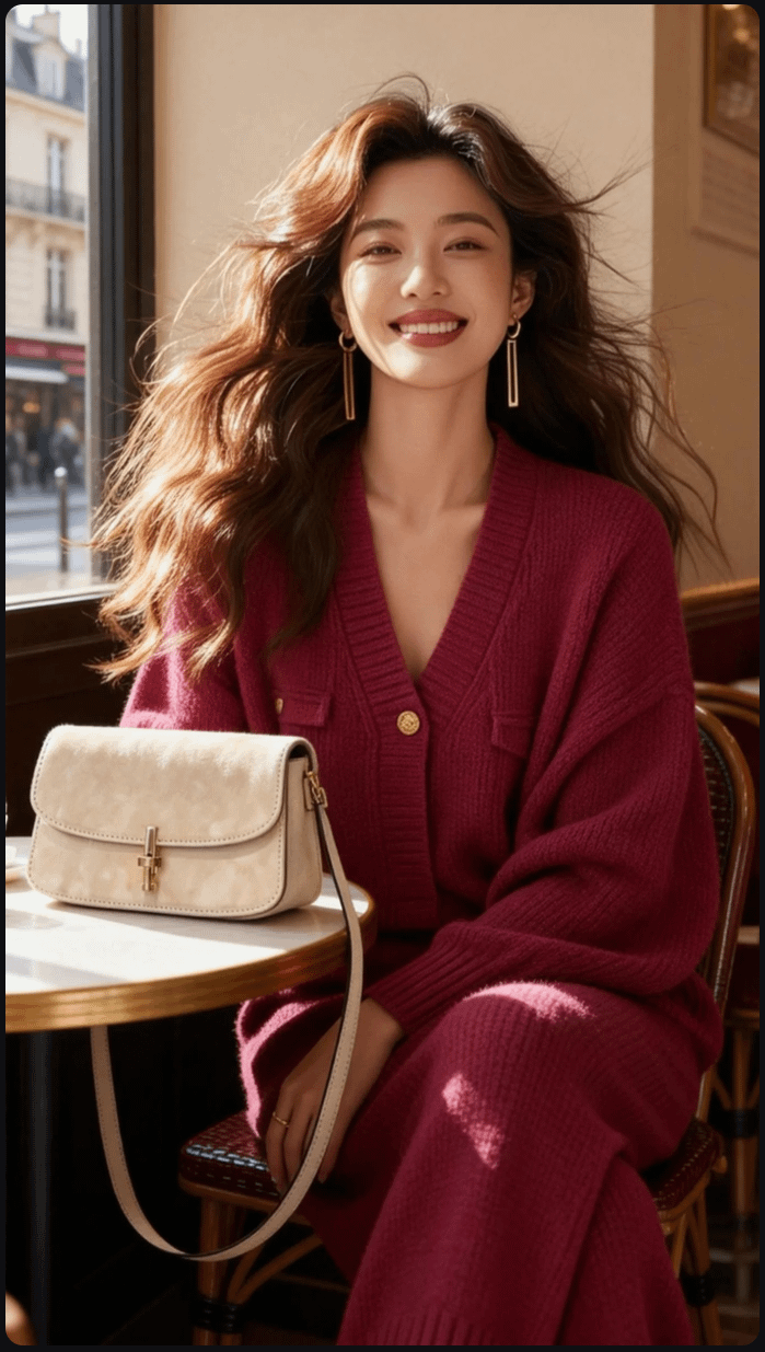 Parisian Cafe Woman In Magenta Knit Outfit