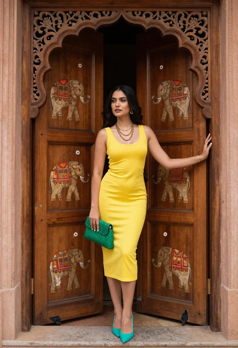Woman Stands Doorway Wearing Bright Yellow Ribbed Dress And Turquoise