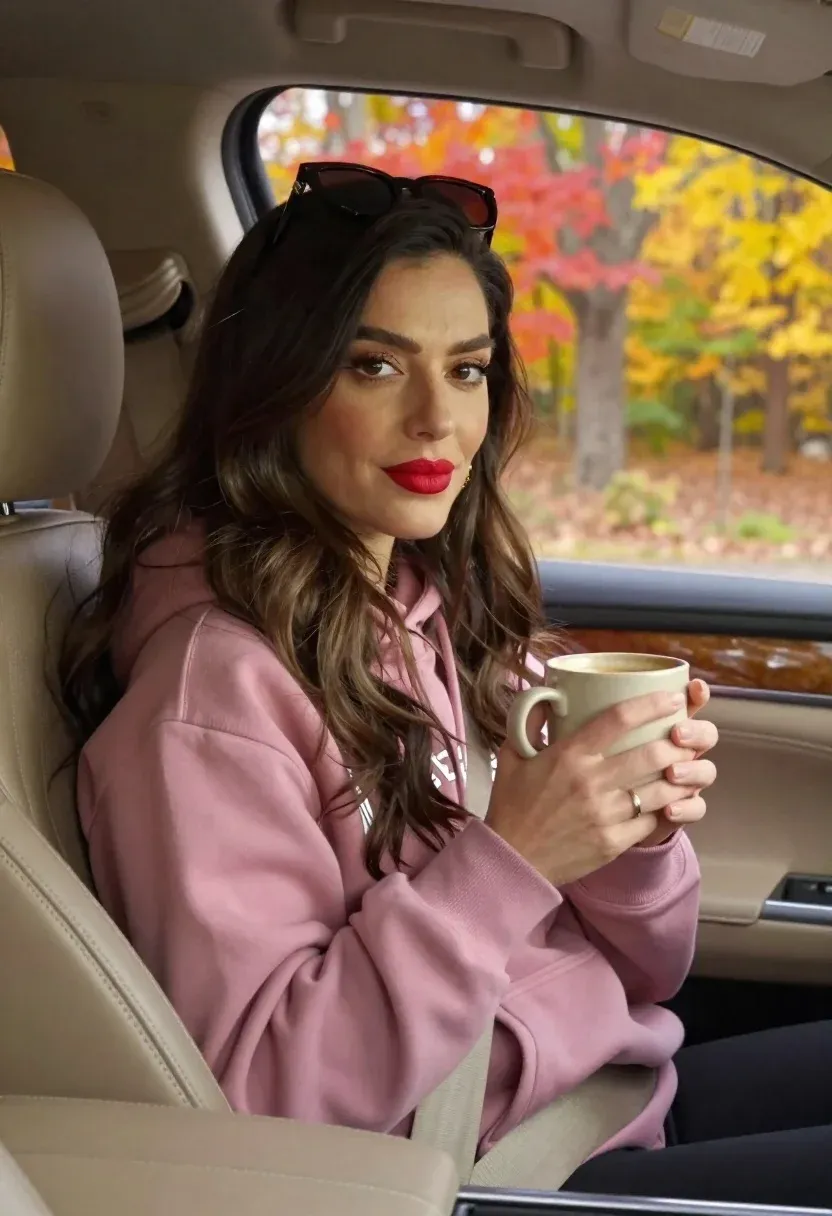 Woman With Long Wavy Brown Hair Sits The Front Passenger