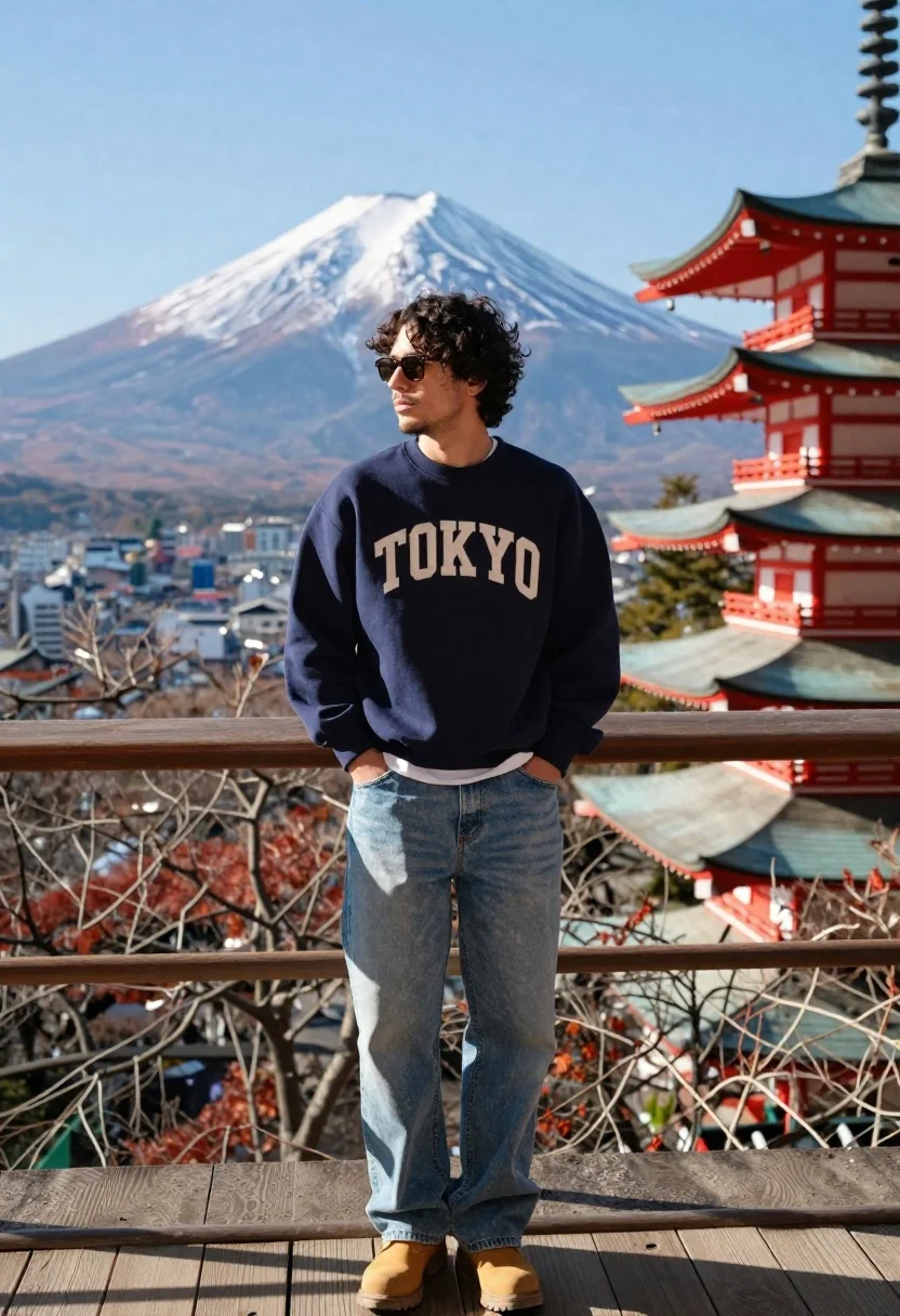 Young Man Stands Casually With Hands Pockets Wooden Deck Overlooking