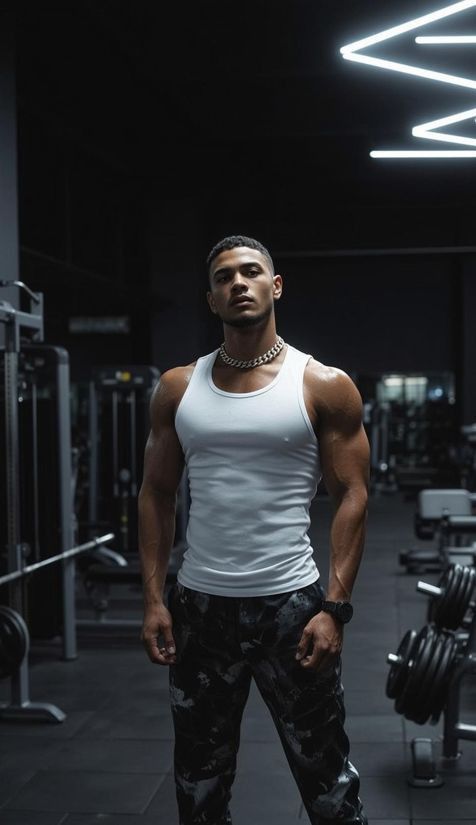Muscular Short Dark Wavy Tan White Tank