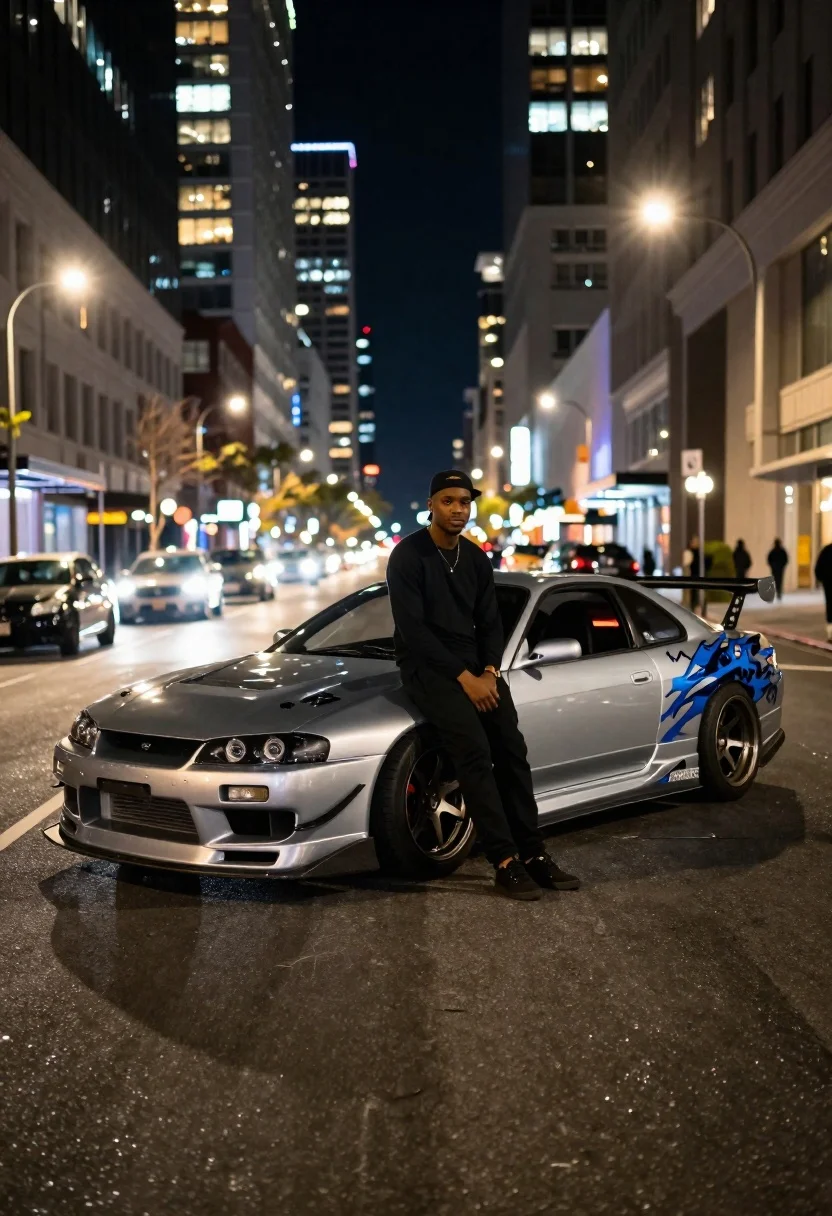 Nighttime Street Photography Young Man Leaning Casually Against Silver Modified reference photo