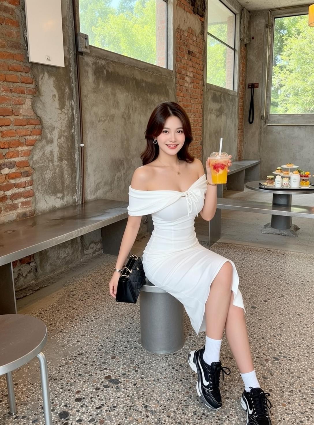 White Ruched Dress Cafe Drink
