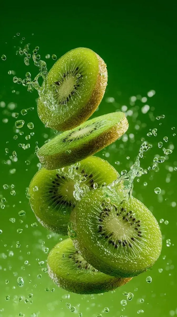 Sliced Kiwi Splashing Water Droplets Studio Lighting
