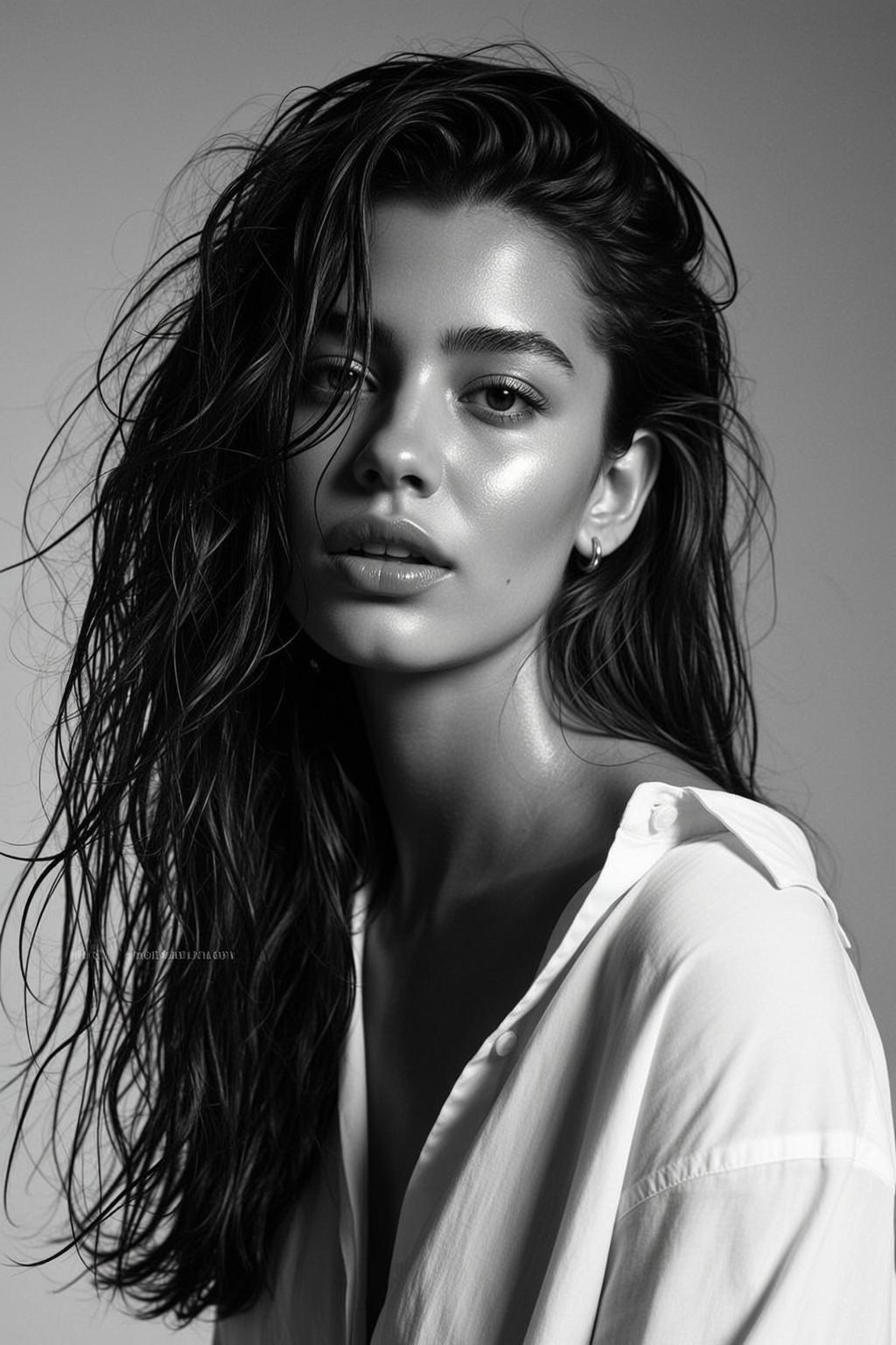 Black And White Medium Close-up Portrait Young Woman With Wet