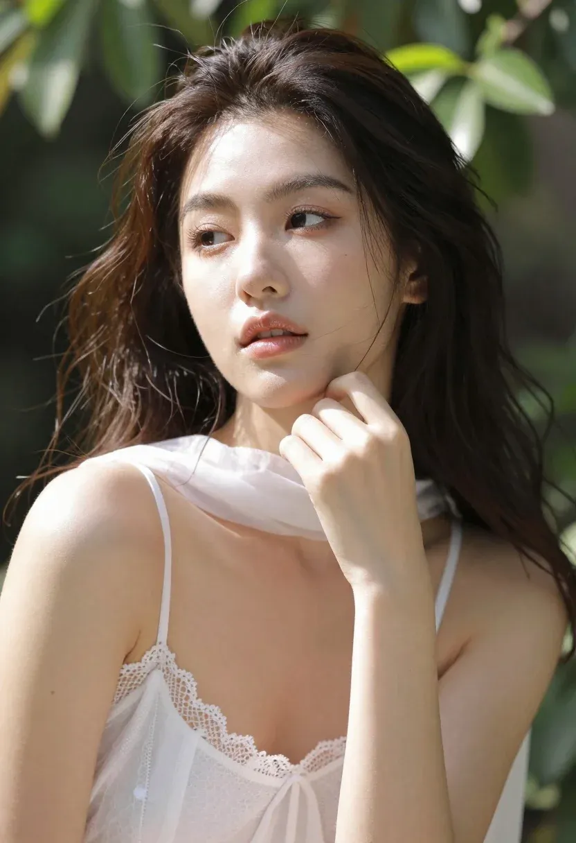Close-up Portrait Young Woman With Long Dark Hair And Warm
