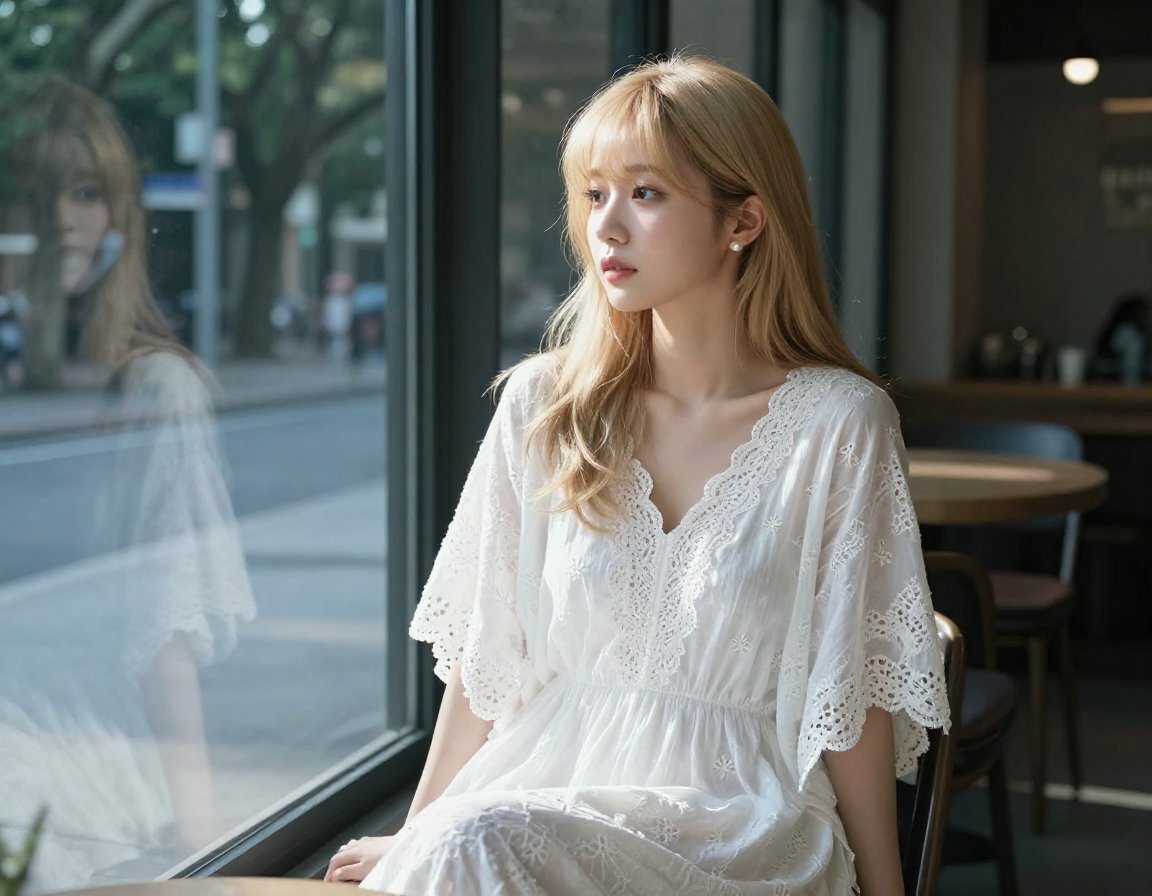 White Lace Dress At Cafe Window