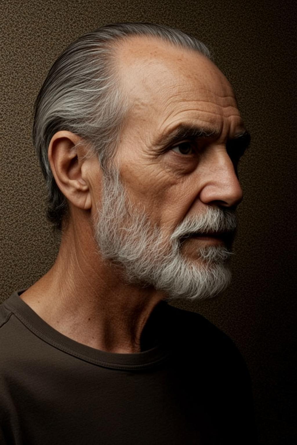 Photorealistic Portrait Elderly Man Profile Facing Right With Textured Dark