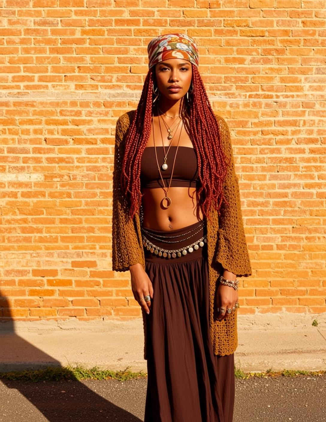 Bohemian Woman Brick Wall Golden Hour