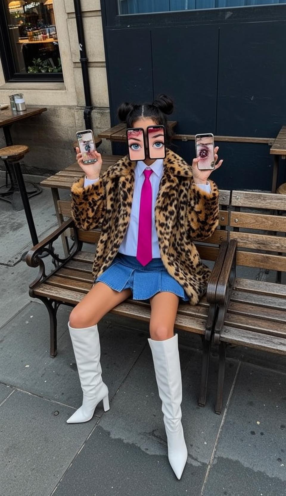 Outdoor Cafe Bench Phone Pose