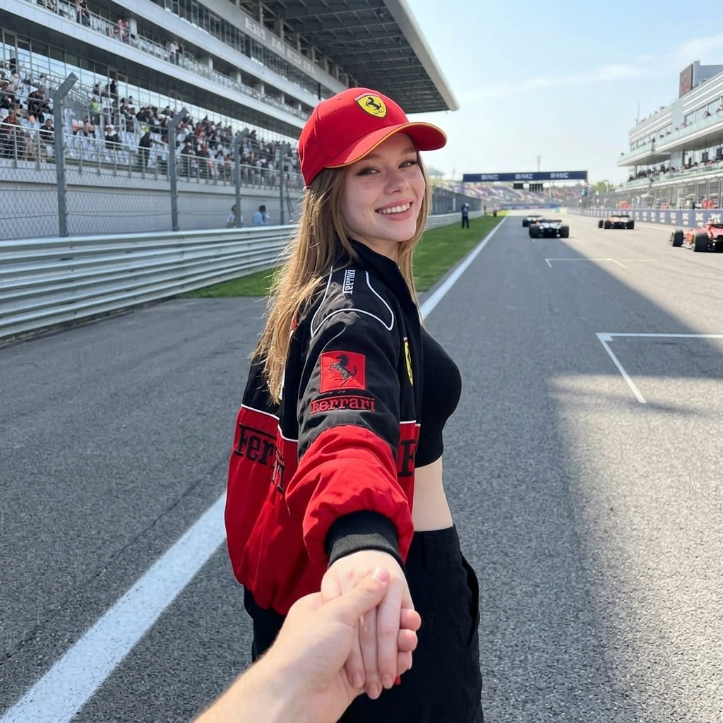 A woman wearing a Ferrari jacket, holding hands with the viewer at a race track, smiling under a cloudy sky.