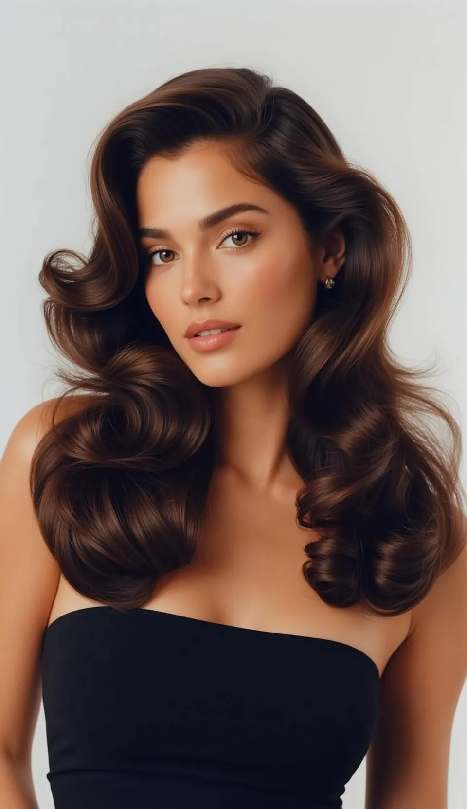 Glamorous Studio Portrait Dark Wavy Hair