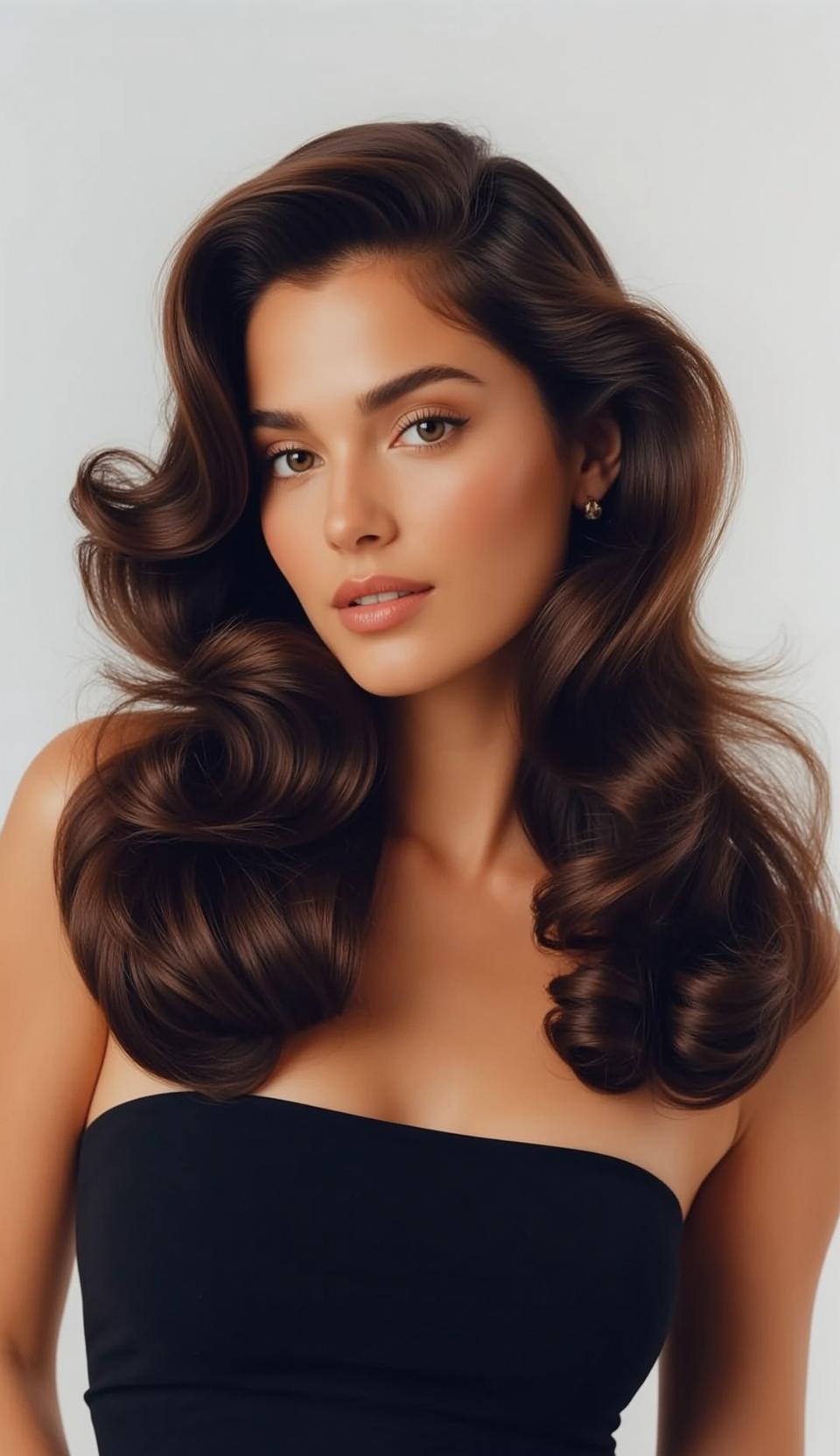 Glamorous Studio Portrait Dark Wavy Hair