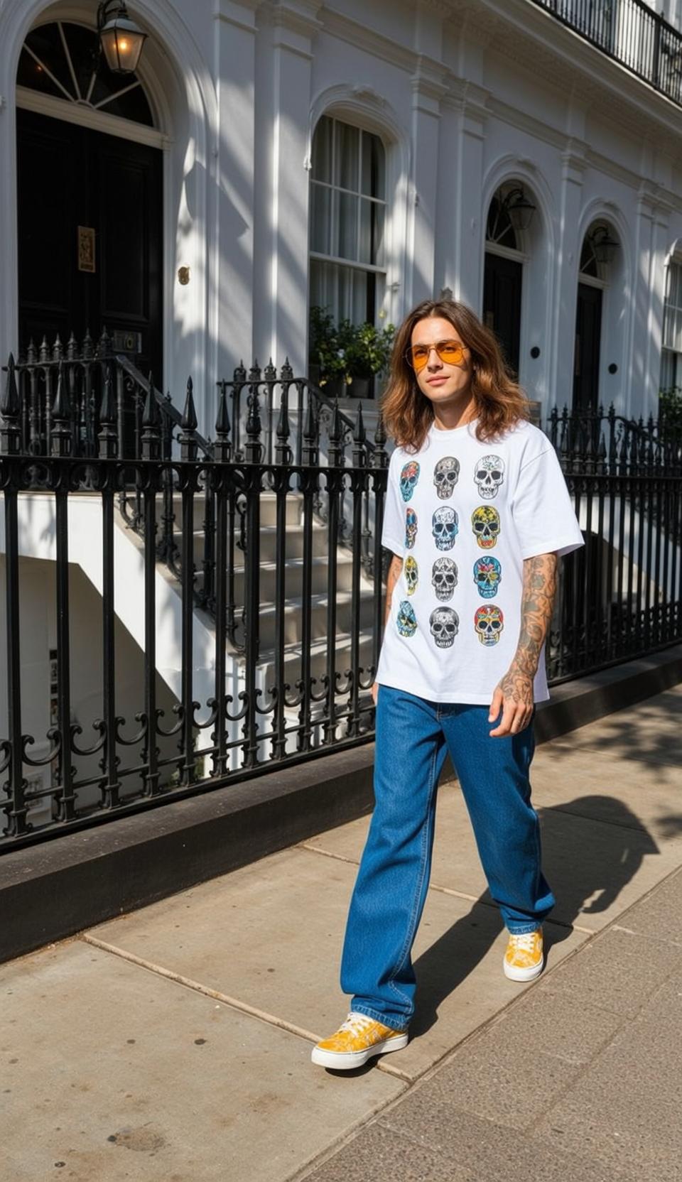 Young Long Brown Wavy Fair White T-shirt