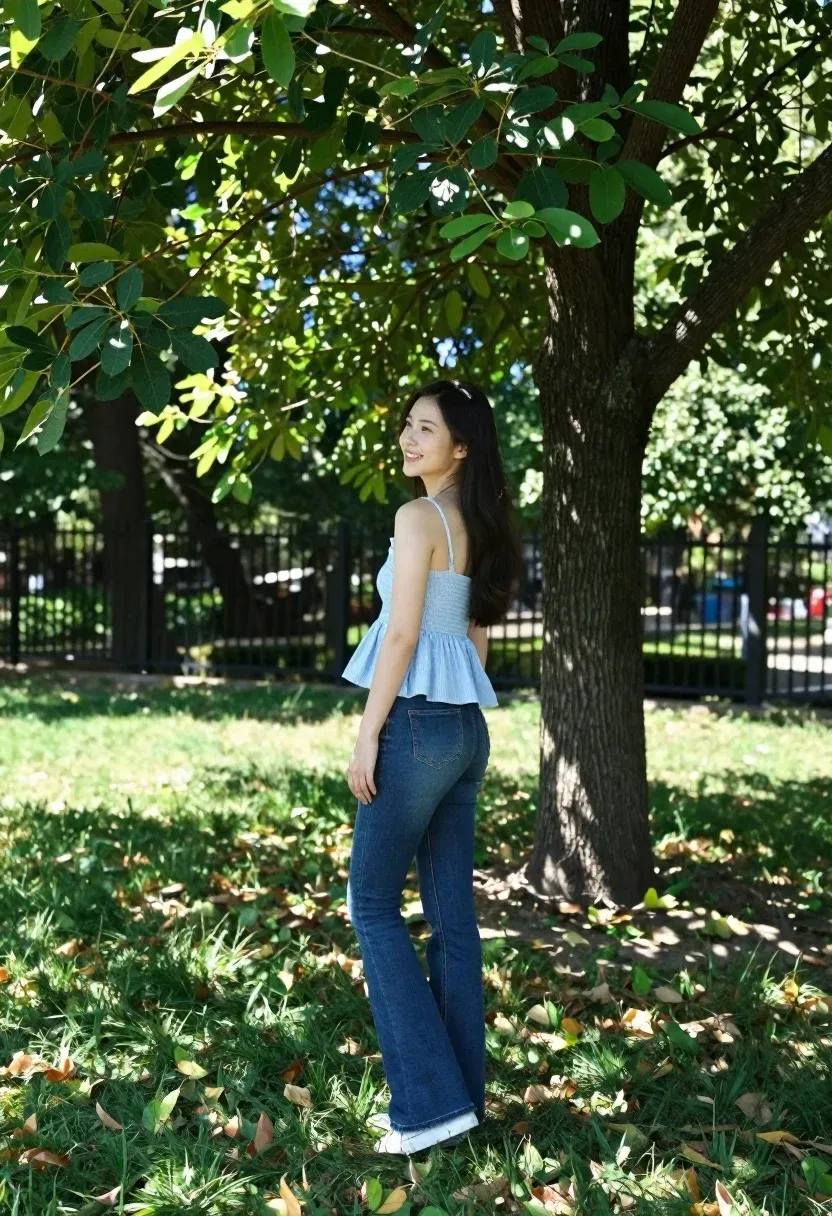 Young Woman Stands Smiling Grassy Lawn Beneath The Shade Large